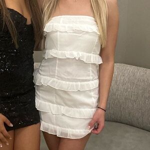 white strapless ruffle dress